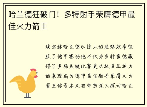 哈兰德狂破门！多特射手荣膺德甲最佳火力箭王