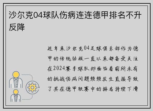 沙尔克04球队伤病连连德甲排名不升反降